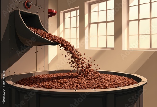 Chocolate bean roastery winnower chute spilling nibs into cooling trays