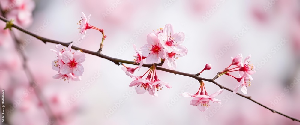 Delicate pink cherry blossom branch with blossoms against a soft, blurred background, ample copy space, flowers, gentle Delicate pink cherry blossom branch with blossoms against a soft, blurred background, ample copy space, flowers, gentle