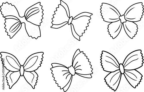 Set of farfalle outline coloring book page vector illustration line art