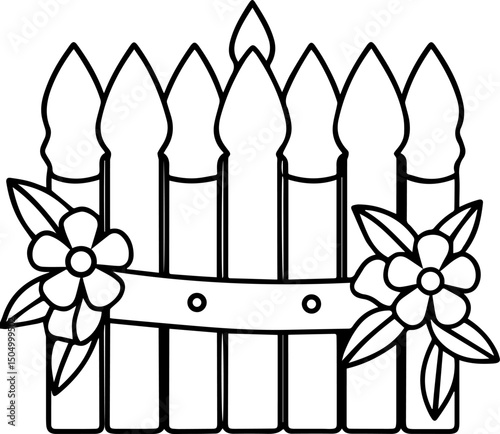 fence and flowers outline coloring book page vector illustration line art