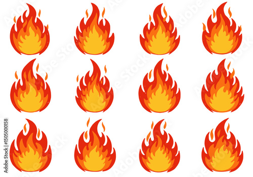 Cartoon Fire Collection: Bright Flames on White Background