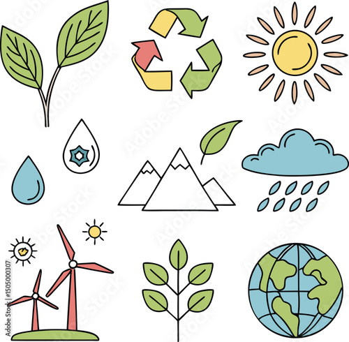eco nature icons sun rain wind earth recycle green