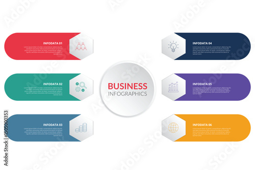 Modern business infographic template design with rounded rectangle and icons process step with 6 options. Can be used for slides, diagram, presentation or web design. Vector illustration. 