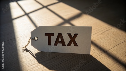 Citizen hidden tax concept. A tax tag placed on a wooden surface with shadows creating a dramatic effect.