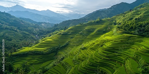 A panoramic aerial view of stepped rice paddies carved into the mountainside