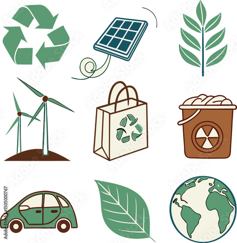 eco friendly icons wind solar recycle earth green