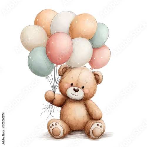 Adorable teddy bear holding pastel balloons in soft watercolor vector style, isolated on white background with clean margins and high resolution, perfect for nursery, baby shower, and children's 
