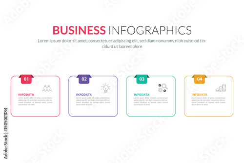 Business infographic thin line process with square template design with icons and 4 options or steps. Vector illustration.