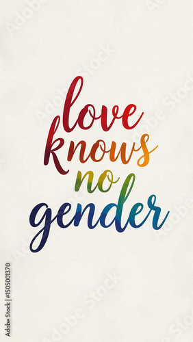 Love Knows No Gender Pride Typography, Minimalist Rainbow Cursive Text Design, Elegant Lettering on Soft Beige Background, Clean Composition with Subtle Textured Paper Effect