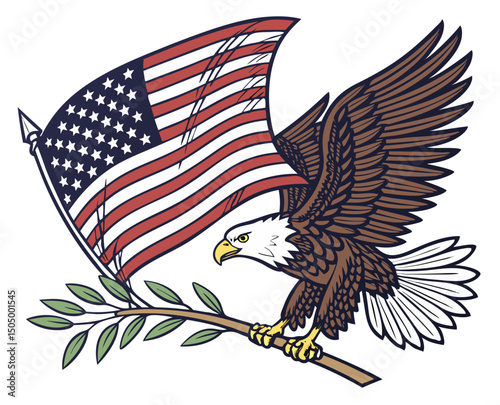 detailed vector of USA flag next to a flying bald eagle holding arrows and olive branch, patriotic symbol isolated on white
