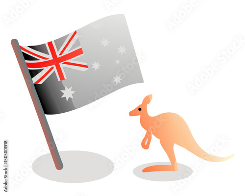 Australia’s national flag next to a bounding kangaroo in stylized vector style, clean design on white
