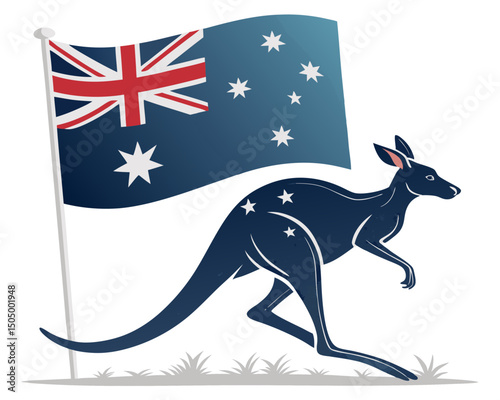 Australia’s national flag next to a bounding kangaroo in stylized vector style, clean design on white

