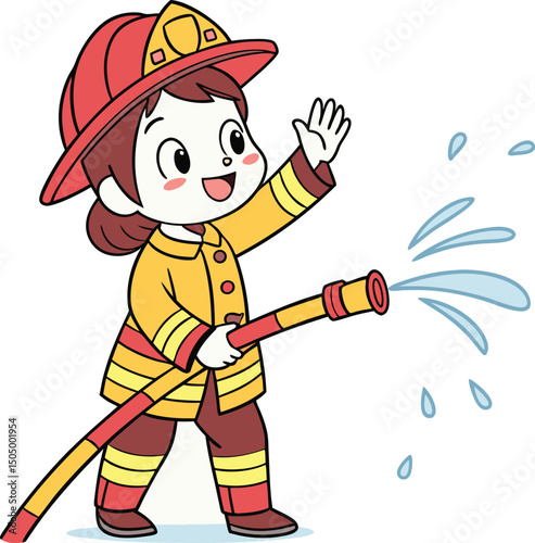 cartoon firefighter girl spraying water with hose