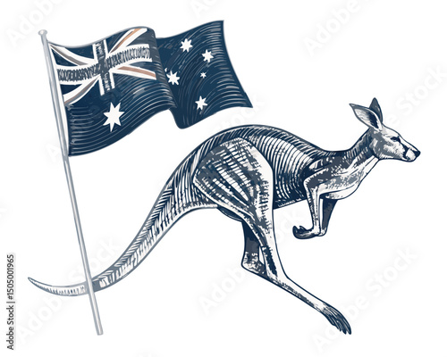 Australia’s national flag next to a bounding kangaroo in stylized vector style, clean design on white
