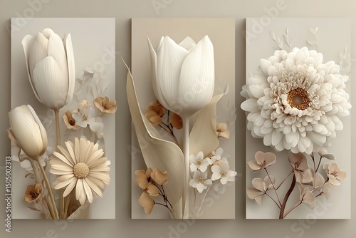 Minimalist Beige Floral Wall Decor with Tulip and Daisy Vector Set in 3D Render Style