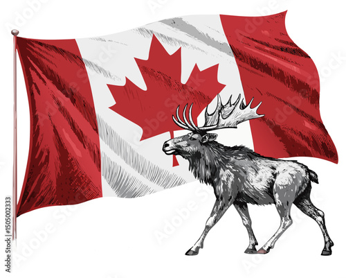 Canada’s red-and-white flag accompanied by a maple leaf and moose symbol in vector form, isolated on white background
