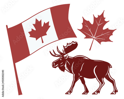 Canada’s red-and-white flag accompanied by a maple leaf and moose symbol in vector form, isolated on white background

