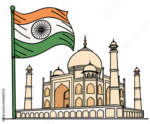 India’s tricolor flag illustrated alongside the Taj Mahal in vector form, cultural elegance on white background
