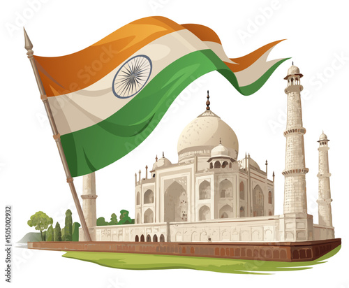 India’s tricolor flag illustrated alongside the Taj Mahal in vector form, cultural elegance on white background
