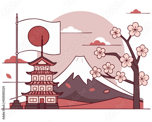 vector illustration of Japan’s national flag alongside Mount Fuji and sakura blossoms, traditional design isolated on white background
