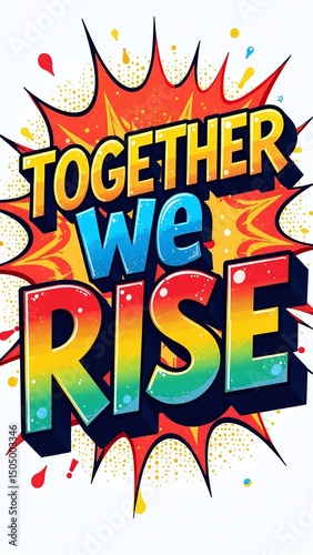 Together We Rise Bold Pop Art 3D Letters, Halftone Dots and Thick Shadows, Vibrant Pride Colors, Comic Burst Background with Speech Bubbles and Starburst Patterns, Playful Punchy Eye-Catching Design