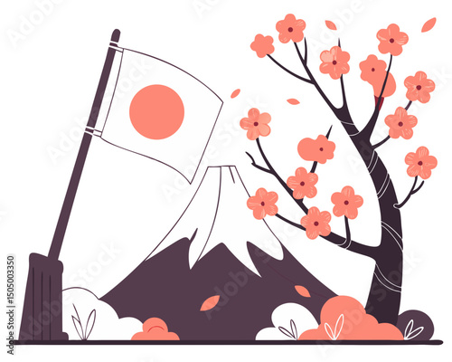 vector illustration of Japan’s national flag alongside Mount Fuji and sakura blossoms, traditional design isolated on white background

