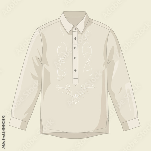Illustrative Long Sleeved Barong Tagalog with Embroidered Design Front