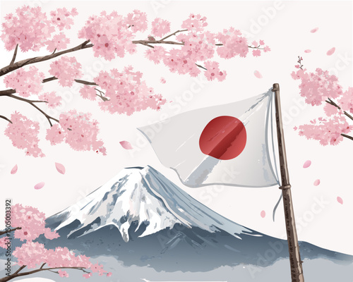 vector illustration of Japan’s national flag alongside Mount Fuji and sakura blossoms, traditional design isolated on white background
