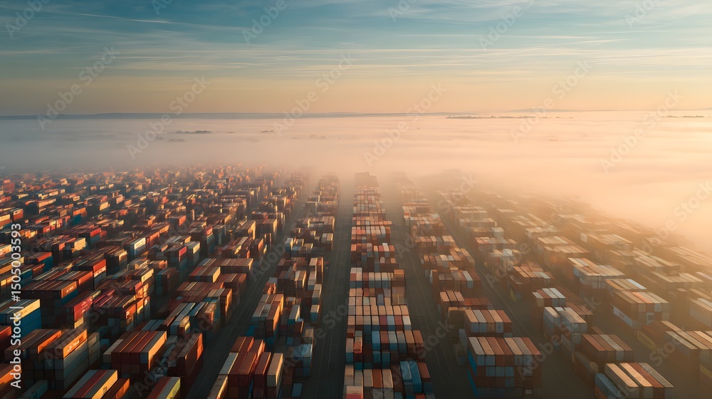 Obraz premium Shipping containers arranged in geometric patterns viewed from high angle in industrial logistics hub, surrounded by soft morning fog for atmospheric global trade concept