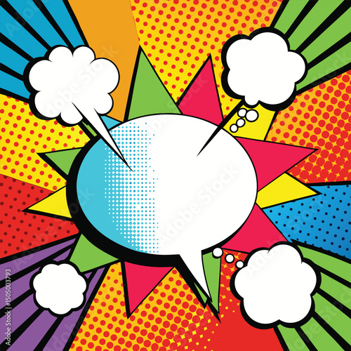 Colorful comic book background.Blank white speech bubbles of different shapes. Rays, radial, halftone, dotted effects. Vector illustration in pop art style