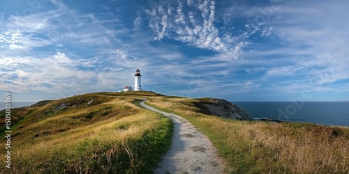 A panoramic view of a lighthouse with a winding path leading up to it