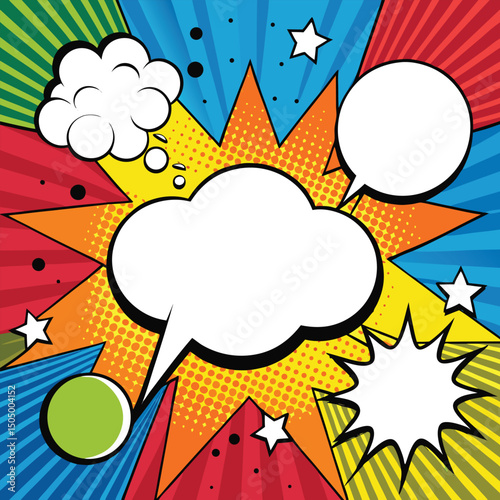 Colorful comic book background.Blank white speech bubbles of different shapes. Rays, radial, halftone, dotted effects. Vector illustration in pop art style