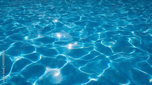 Close-up of blue swimming pool water surface with gentle ripples and shimmering sunlight reflections, creating a calm and abstract aquatic texture for background use