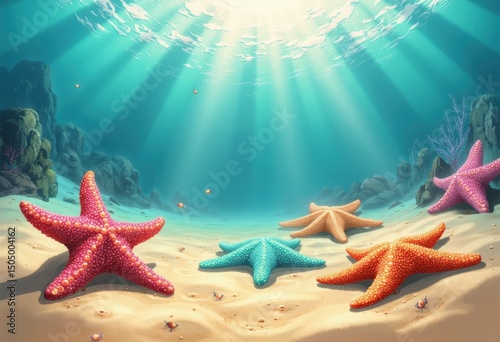 Luminous starfish creating constellations on undisturbed sandy ocean floor