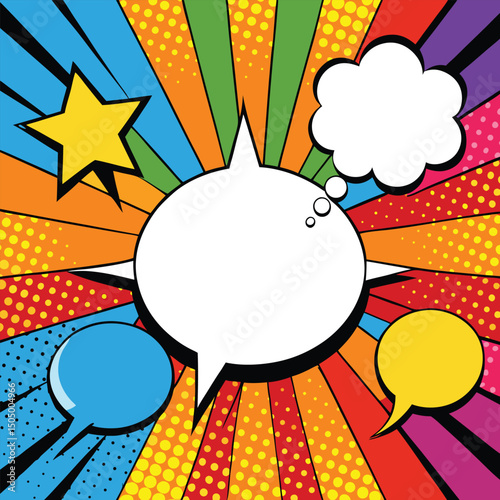 Colorful comic book background.Blank white speech bubbles of different shapes. Rays, radial, halftone, dotted effects. Vector illustration in pop art style