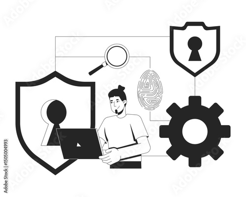 IT security workflow line illustration concept. Digital protection loop. Identity access. Cybersecurity provider analyst holding laptop outline 2D character isolated. Ink linear metaphor vector art