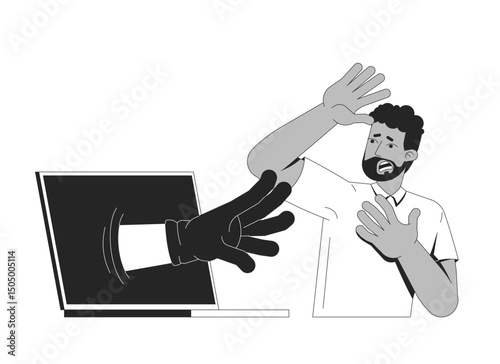 Cyberattack threatening frightened user line illustration concept. Cyber criminal hand reaching from laptop toward scared black man outline 2D character isolated. Ink linear metaphor vector art