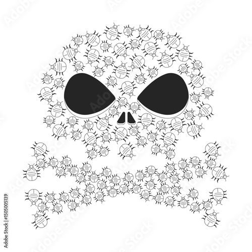 Danger skull crossbones made of digital bugs line illustration concept. Pests infestation malicious hacker. Malware computer viruses outline 2D composition isolated. Ink linear metaphor vector art