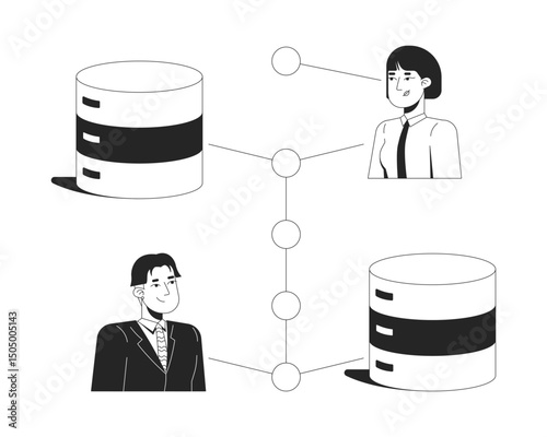 Users securely connected to database servers line illustration concept. Data transfer security. Business IT technology exchange outline 2D characters isolated. Ink linear metaphor vector art