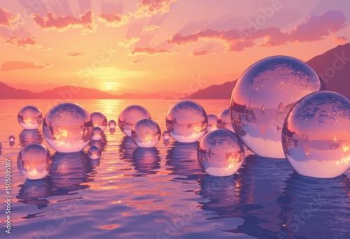Floating glass orbs reflecting the infinite horizon above a calm sea