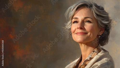 A poised middle-aged woman with a confident smile, gazing into the distance, exuding warmth and professional elegance.