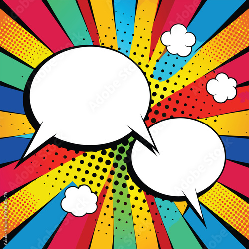 Colorful comic book background.Blank white speech bubbles of different shapes. Rays, radial, halftone, dotted effects. Vector illustration in pop art style