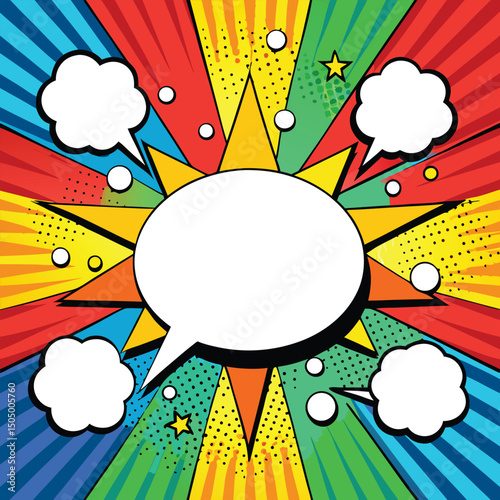 Colorful comic book background.Blank white speech bubbles of different shapes. Rays, radial, halftone, dotted effects. Vector illustration in pop art style