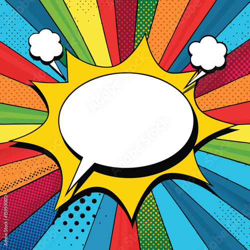 Colorful comic book background.Blank white speech bubbles of different shapes. Rays, radial, halftone, dotted effects. Vector illustration in pop art style