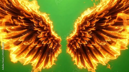 Fiery angel wings with green backdrop suitable for fantasy and mystical themed projects