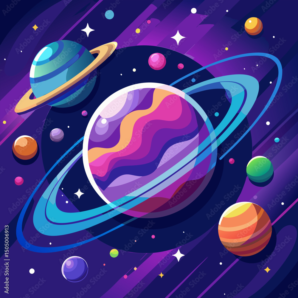 Naklejka premium Cosmic Wonders. A Vibrant Journey Through Colorful Planets and Nebulae