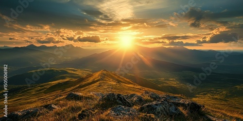 A viewpoint on a high plateau, with the setting sun casting golden light over distant peaks