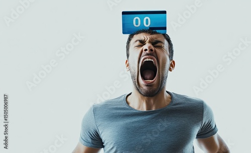 A man with an angry expression is struck in the head by a blue credit card, against a white background.