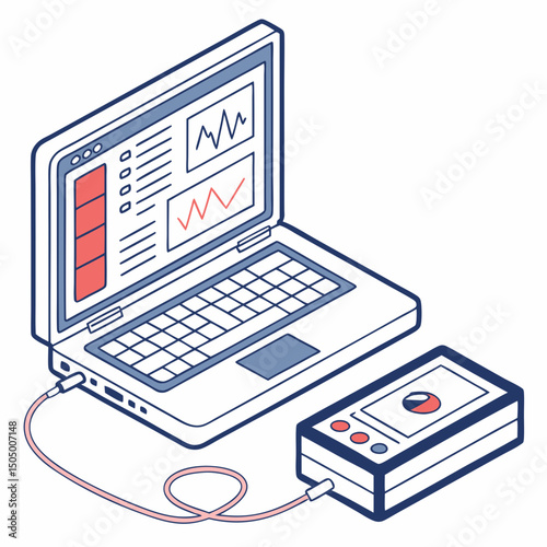 Vector illustration of laptop running diagnostic software, isolated on transparent white background