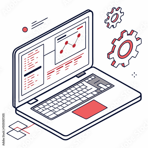 Vector illustration of laptop running diagnostic software, isolated on transparent white background